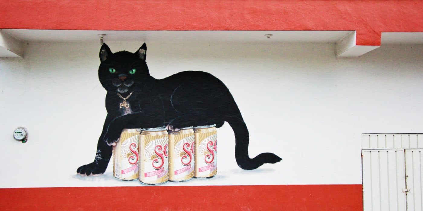 El Gato Negro mural painted outside the cantina in Cozumel. The black cat is sitting on a 6 pack of Sol beer.