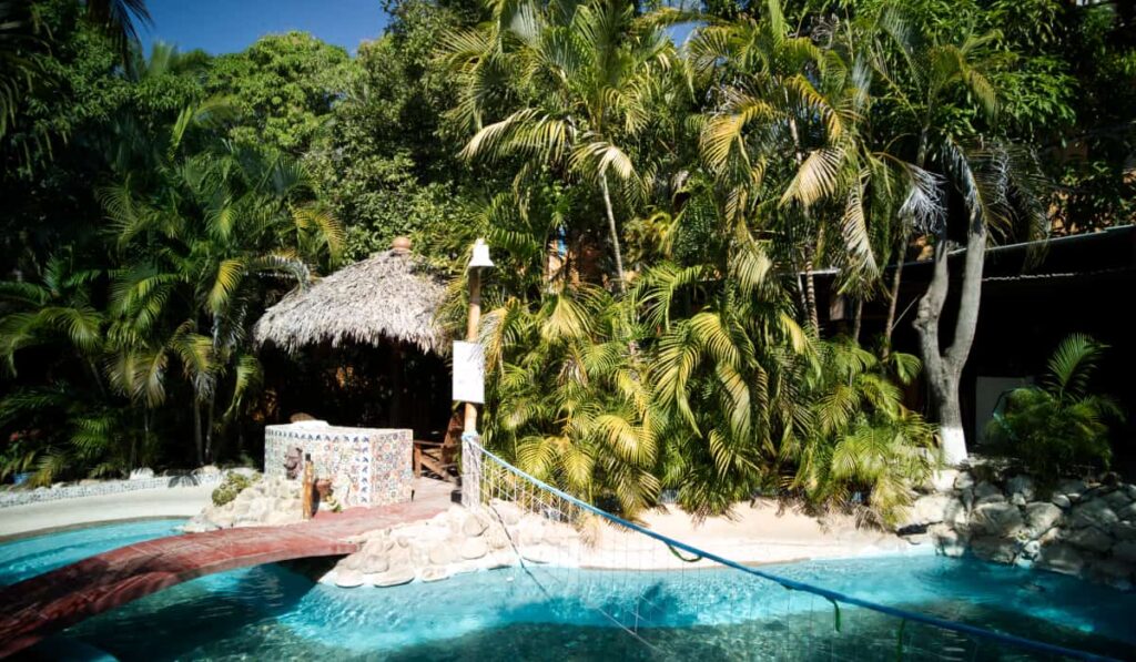 At Tower Bridge Hostel, the kidney shaped pool is surrounded by tropical palm plants and trees. It features a volleyball net and small red bridge to cross over.