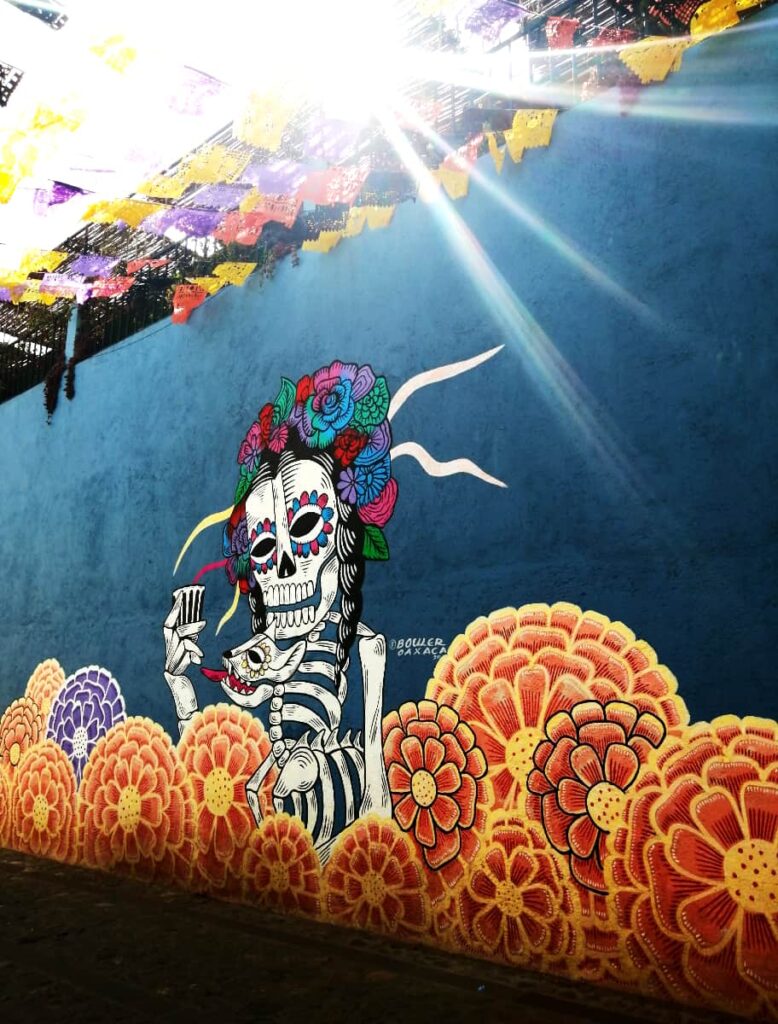 The sun shines down on this Dia de Muertos street art in Jalatlaco. Among a painted field of marigolds, it features a skeleton catrina and skeleton dog with it's tongue out towards the cup of mezcal in her hand.