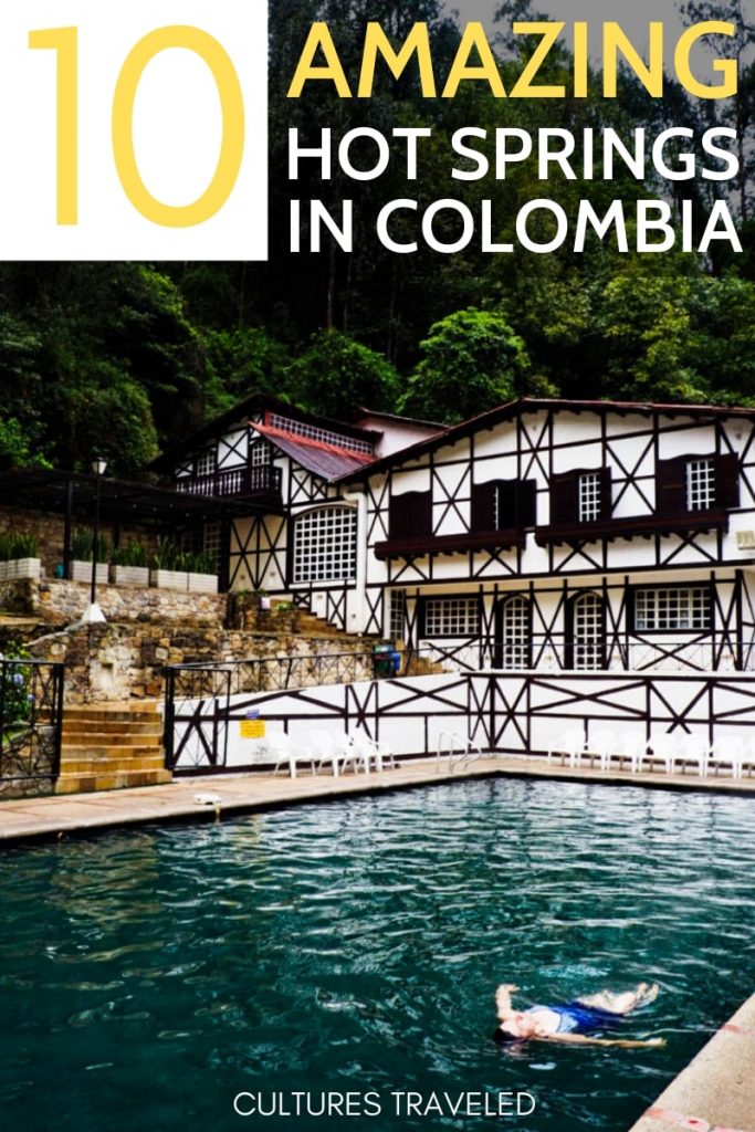 A vertical image of woman swimming in thermal baths in front of the hotel at Los Volcanes Termales, with text overlaying the image for Pinterest.