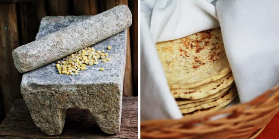 On the left, corn on a metate used for grinding it to make tortillas. On the right, a basket of fresh handmade tortillas at a restaurant in Valladolid.