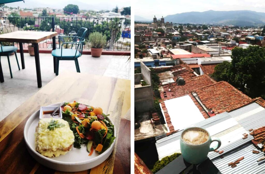 Two vertical images.. On the left, a round white plate with croque monsieur - two pieces of bread layered with ham, bechamel sauce, and melted cheese. Served with a large salad topped with fruit. On the right, a cappuccino with heart design sits on the railing in front of the view of Oaxaca City and surrounding mountains.