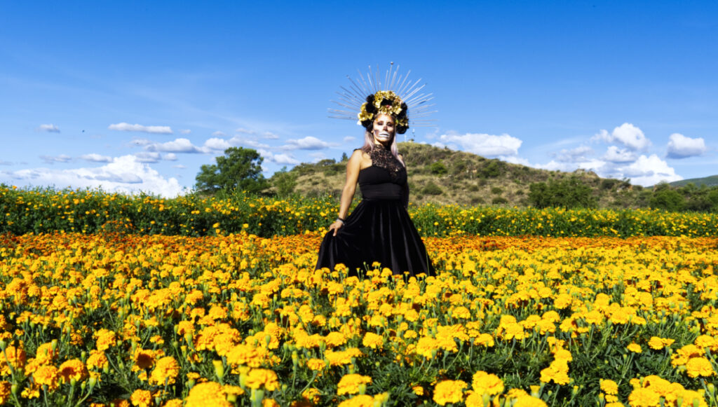 During Oaxaca Day of the Dead, a woman with her face painted and wearing a black dress stands in a field of yellow marigold flowers. Mountains, blue skies, and white clouds are in the background.