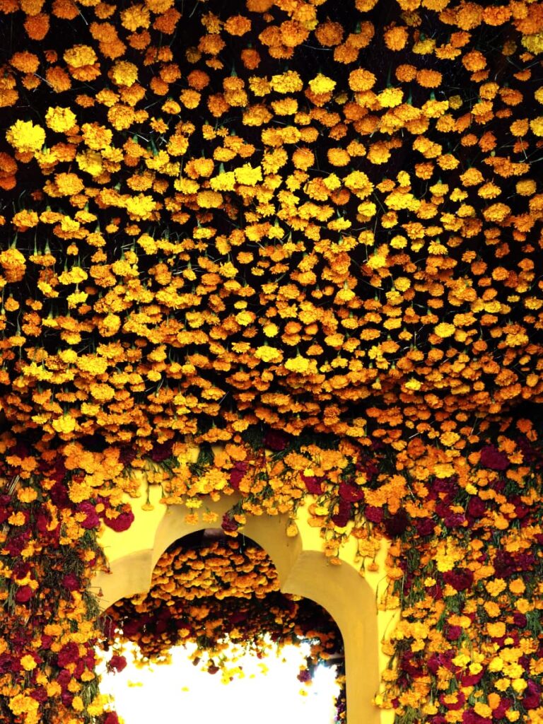 Hanging from an arched ceiling are yellow and red flowers, one of the most abundant Oaxaca day of the dead traditions.