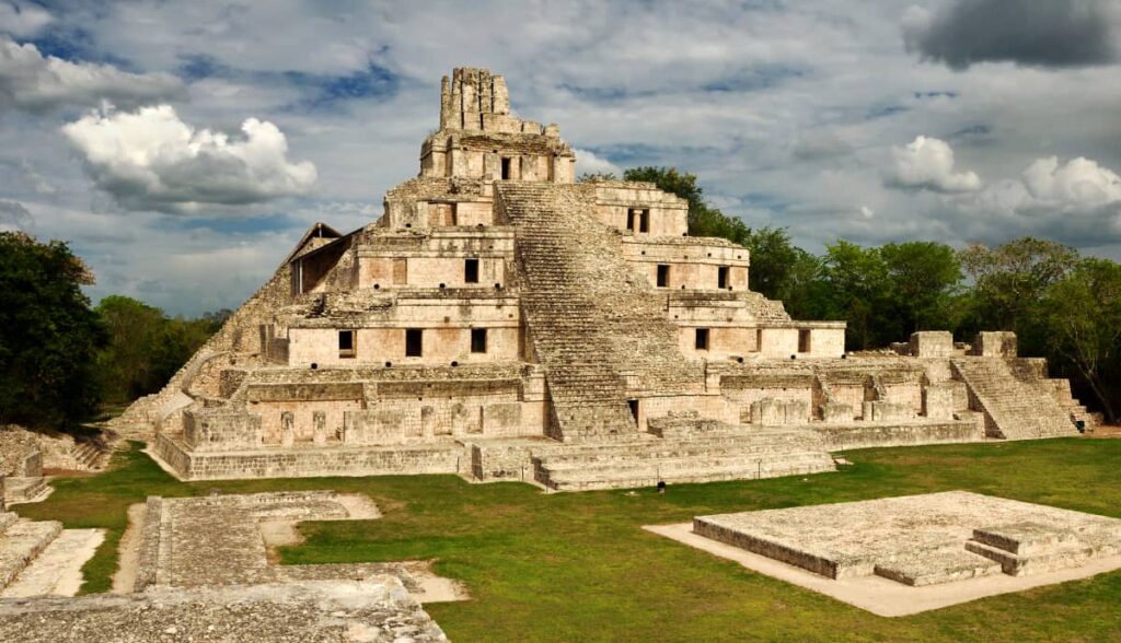 A slight angle view of the impressive temple five floors at Edzna Mayan Ruins in the Yucatan. The stone pyramid structure clearly delineates each floor as it rises to the top.