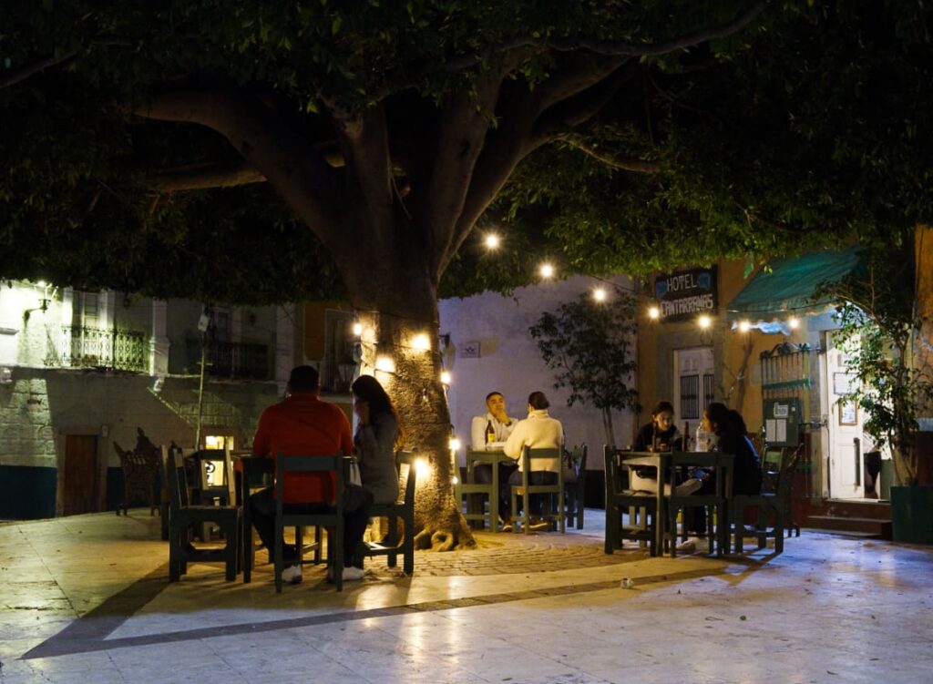 As a university town, there are fun things to do in Guanajuato at night, like these three couples dining under a large tree that is lit with string lights.