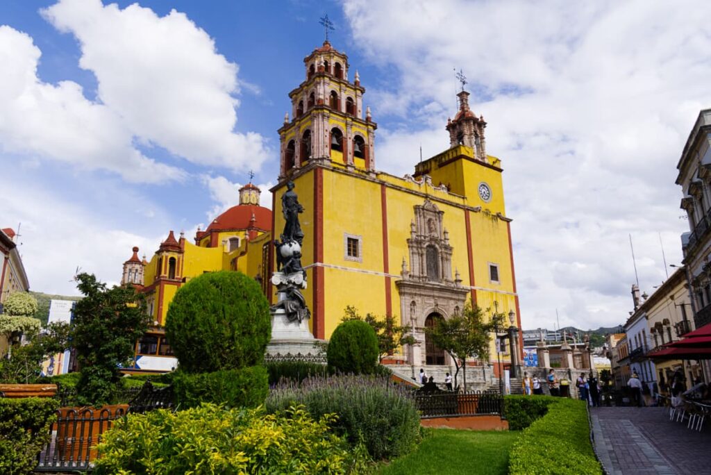 Plaza de la Paz with the backdrop of in Guanajuato is one of the most iconic scenes