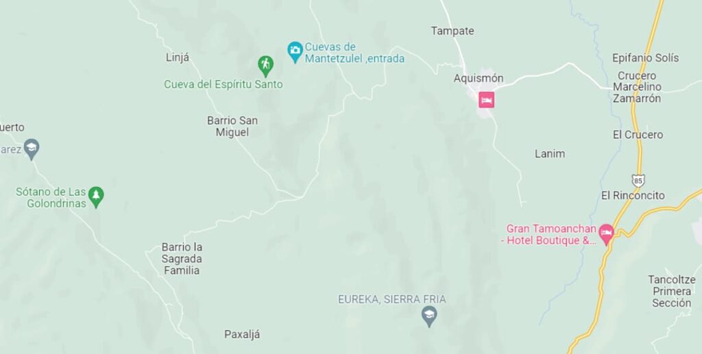 A screenshot of a Google Map of Sotano de las Golondrinas near Aquismon in San Luis Potosi, Mexico,