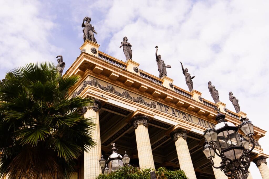 Six tall statues line the roofline of Teatro Juarez in Guanajuato City. This historic theater is a must see.