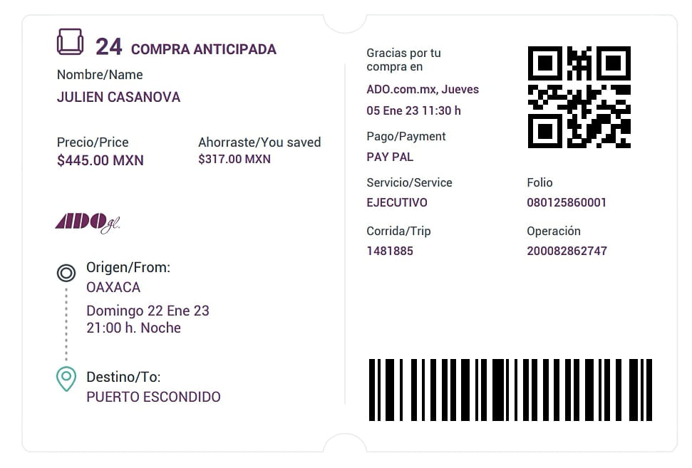 You can buy Mexico bus tickets online. This photo shows an example of a bus ticket which includes the departure date and time, cities, seat number, and client name as well as the price paid. There is a QR code that can be scanned from your phone upon boarding the bus.