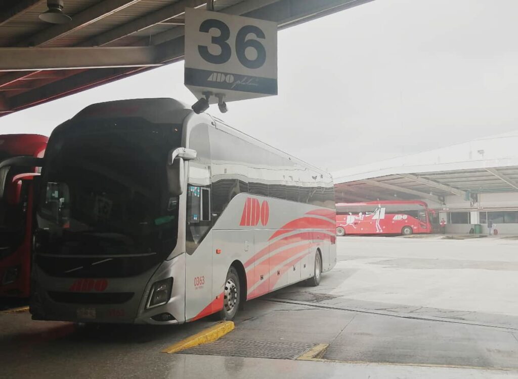 Mexico bus travel is one of the most efficient in the country. This picture shows several buses parked outside at a bus station in Mexico. They are grey and red with the name of the bus company painted across the side.