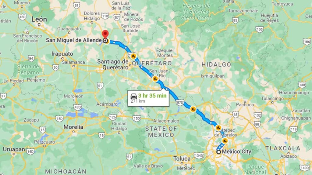 A Google maps screenshot of the drive from Mexico City to San Miguel de Allende.