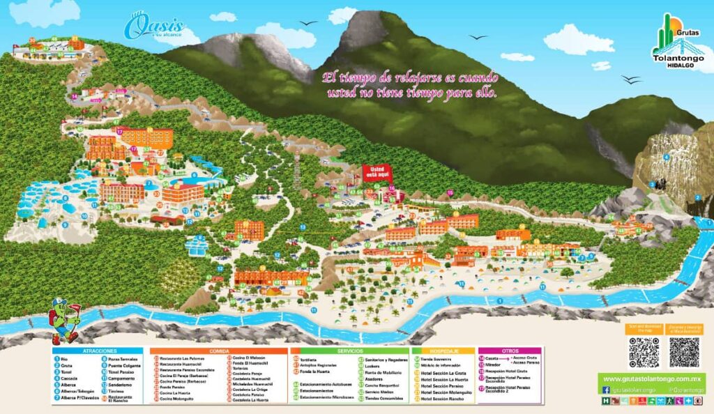 A illustrated map of Grutas Tolantongo hot springs.
