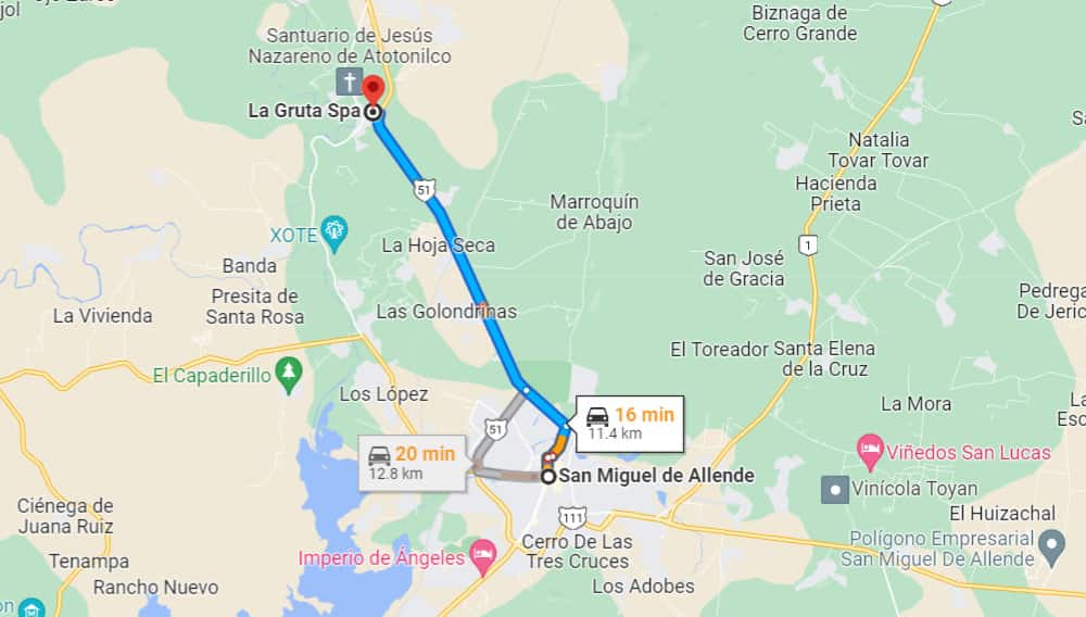 A screenshot from Google Maps shows how to get to la gruta from San Miguel de Allende.