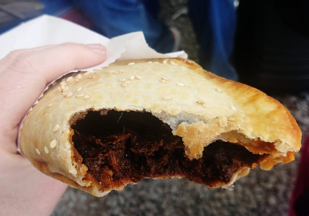 A close up view of a paste, one of the famous foods of Hidalgo. The bread pocket is filled with a dark chicken mole and topped with sesame seeds.