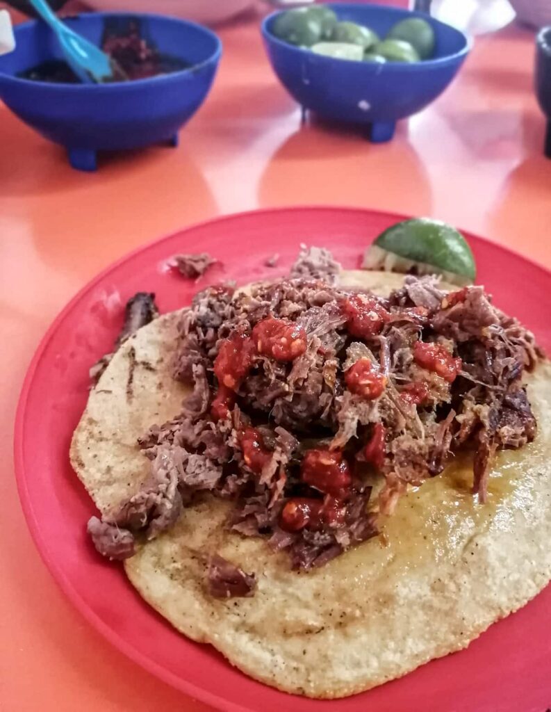 Meat and salsa are piled high on this birria taco in Mexico City. In the background are a bowl of limes and a bowl of salsa.