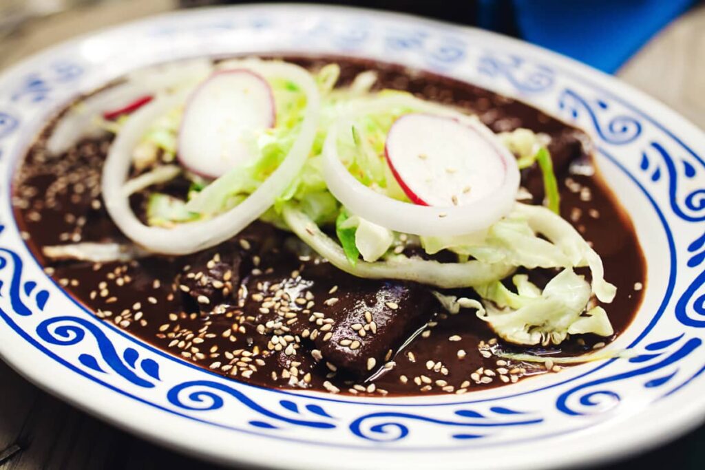 At a cooking class in Mexico, a white and blue plate holds enmoladas which look like enchiladas but with mole sauce. They are topped with shredded lettuce, onions, and radish slices.
