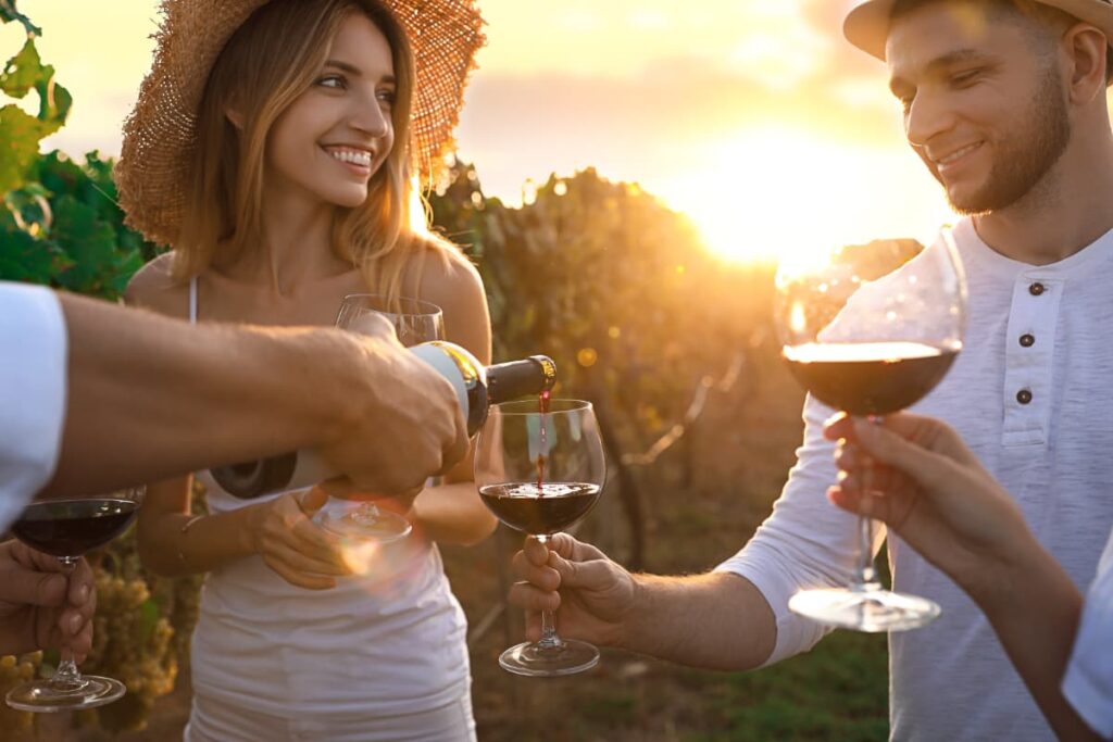 During a wine tour, a group of young friends are poured a glass of red wine while standing in the vineyard. The setting sun casts a golden hue.
