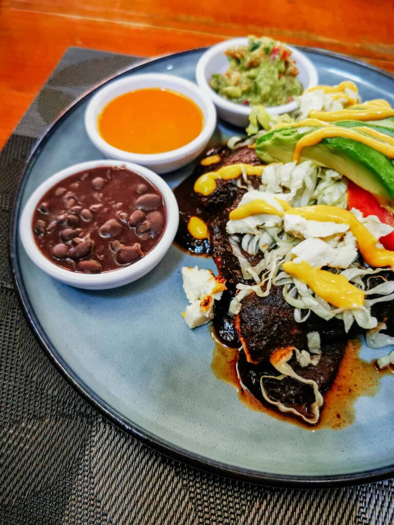 At this restaurant in Zihuatanejo, vegan enmoladas are topped with shredded lettuce, vegan cheese, and fresh avocado. The plate is served with a side of beans and a side of guacamole,