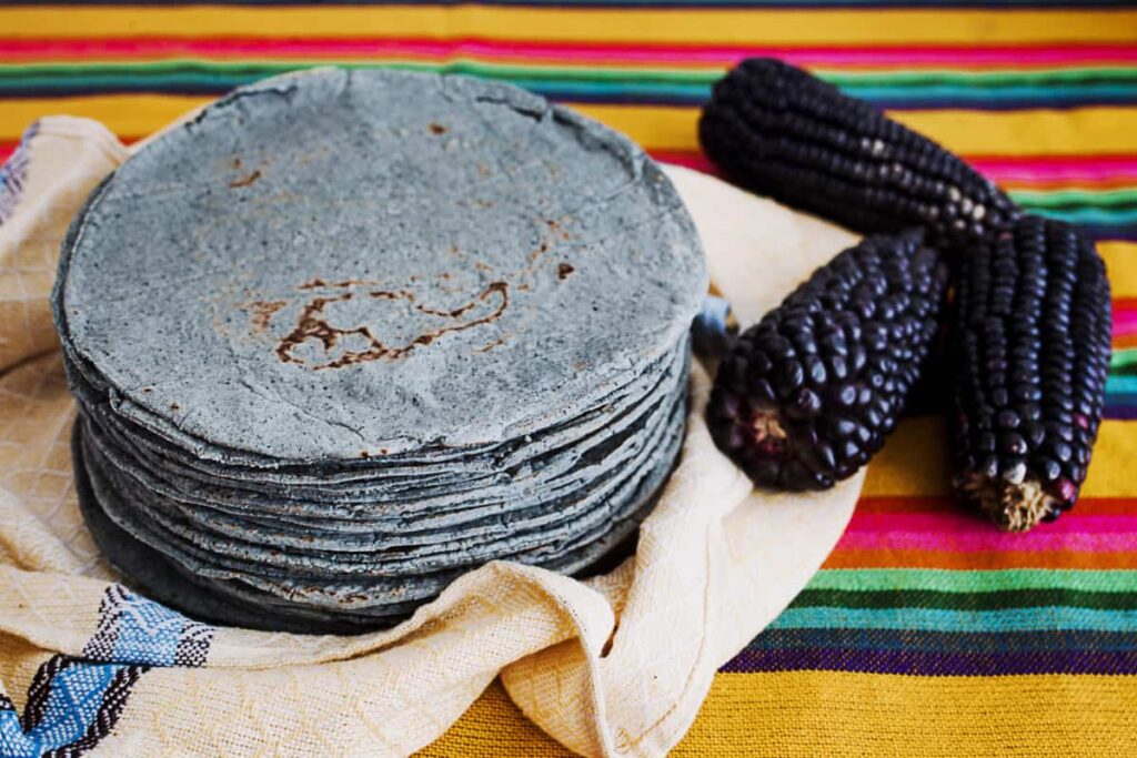 A stack of blue corn tortillas with a background of colorful Mexican fabric at a tortilla making class in Mexico City. Next to the stack of tortillas are three ears of blue corn.