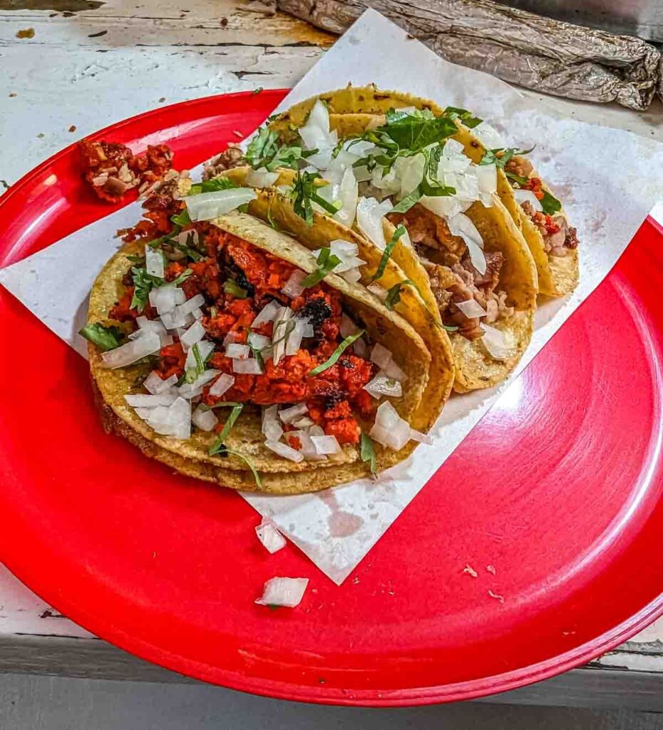 Three different types of tacos In Mexico: longaniza, suadero, and campechano, lined up on a red plate.