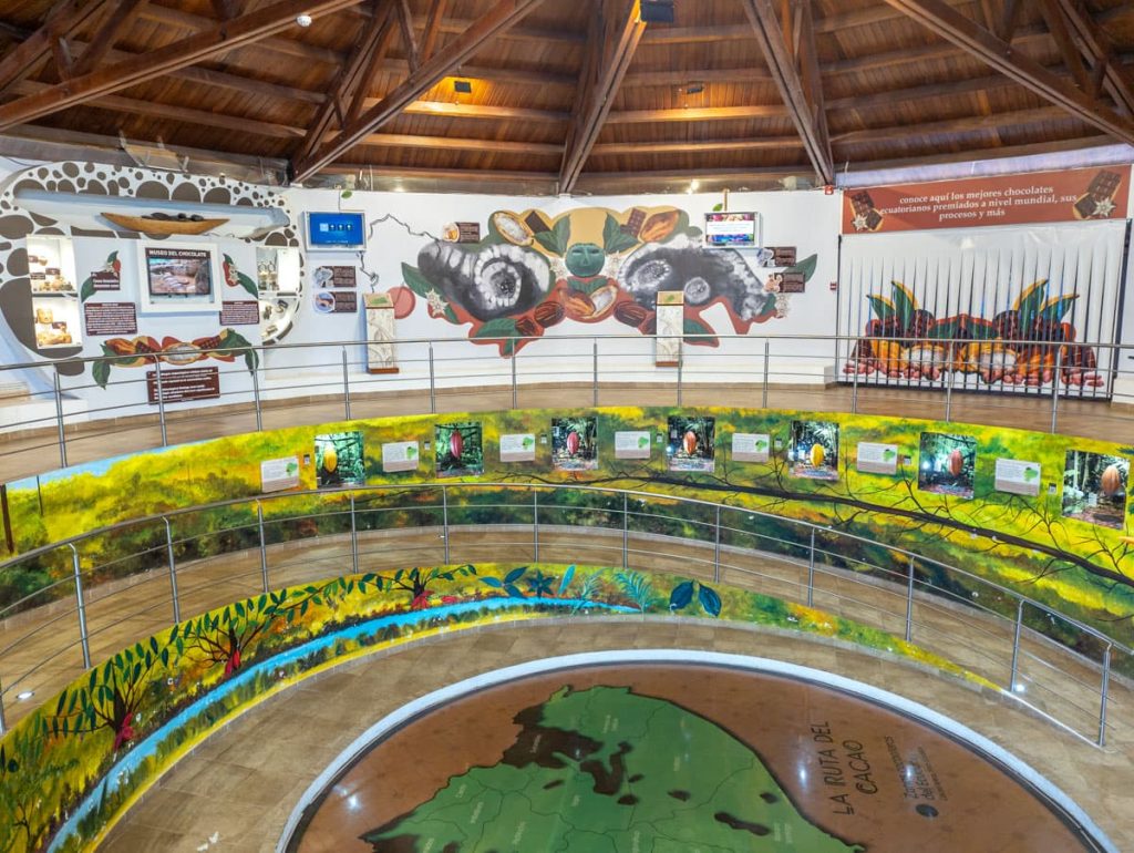 Circular exhibit inside a chocolate museum at Mitad del Mundo Ecuador, showcasing Ecuador’s cacao production and cultural heritage.