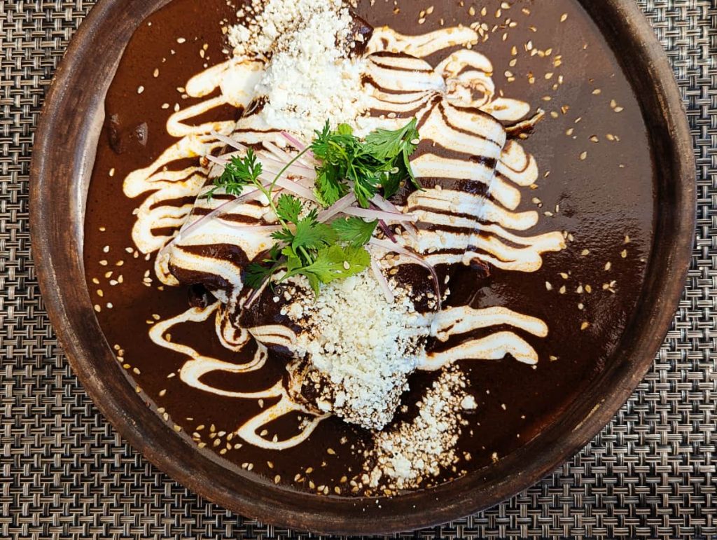 An overhead view of a circular clay plate with enmoladas, a traditional breakfast in Mexico. The plate features three rolled tortillas bathed in mole negro and swirled with cream. The enmoladas are topped with fresh cheese, a green herb, and white sesame seeds.