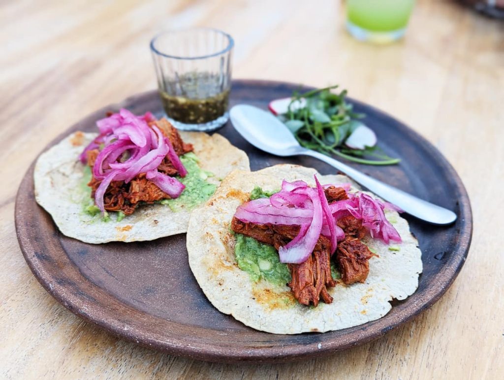 A clay plate with two separate tortillas topped with mashed avocado, shredded meat in a red sauce, and pickled onions. On the plate is a small mezcal glass filled with green salsa, a spoon, and a small pile of greens with sliced radish.