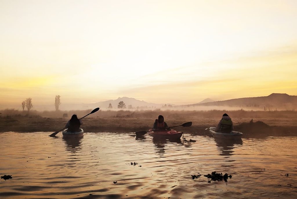 Three kayakers paddle away from the camera on a sunrise kayak in Xochimilco. They are silhouetted against golden light with volcanoes on the horizon and mist hanging over the grassy banks.