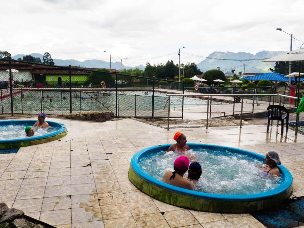 Women enjoy the two thermal hot tubs at the El Zipa Termales in Tabio.