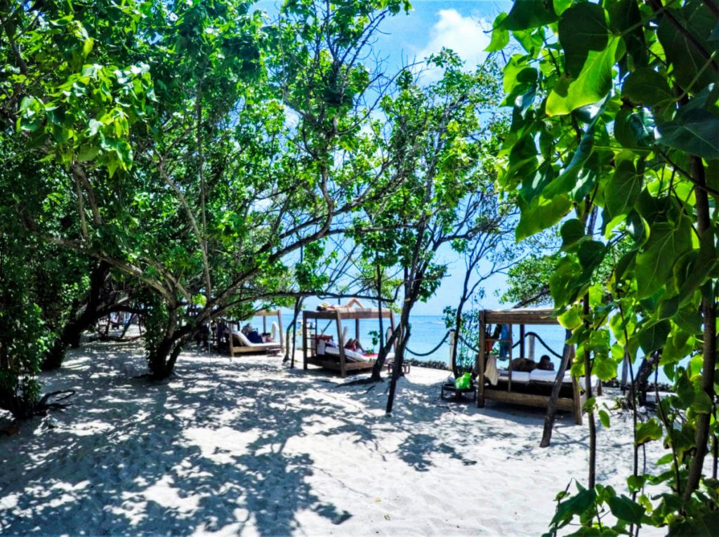 Through the trees, sunbeds sit on the sand overlooking the water at Bendita Beach Club in Cartagena, Colombia.