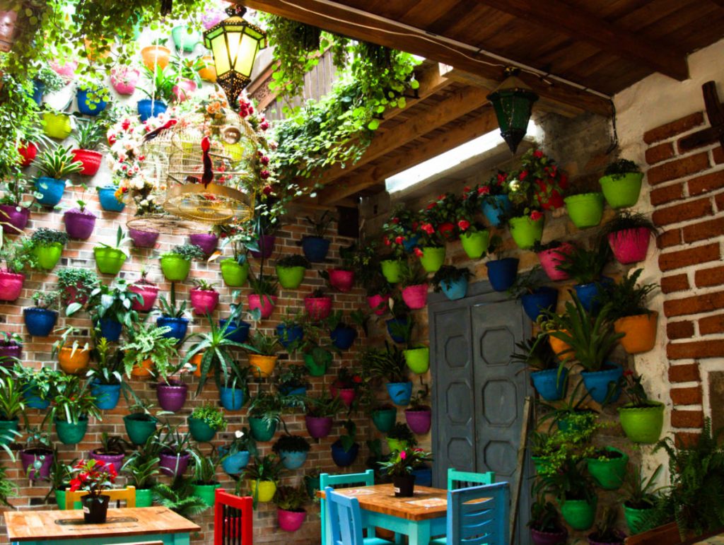 Plants in colorful pots hang on the wall in front of the cafe at Dulces del Jardin