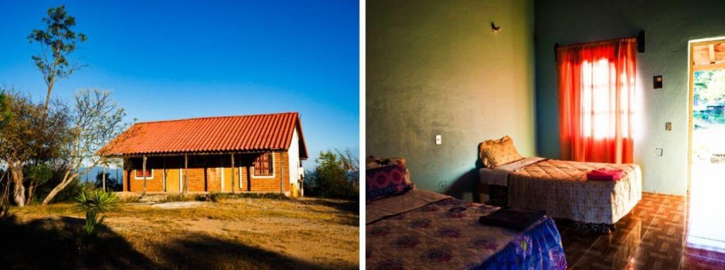 A side by side of the outside and inside of the wooden cabins for rent at Hierve el Agua