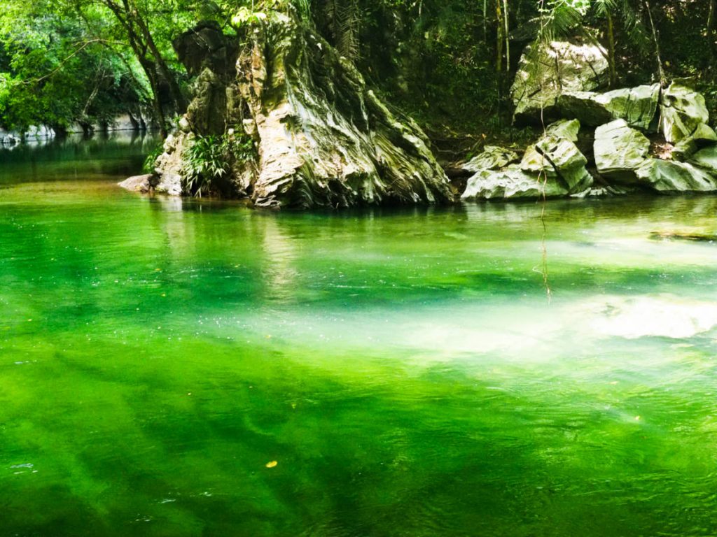 Clear but vibrant green water of the Rio Claro with large marble rock formations in the background.